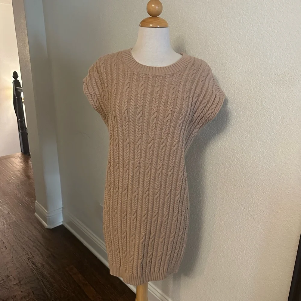 Entro Tan Sweater Dress with Crew Neck and Ribbed Knit - Picture 2 of 6